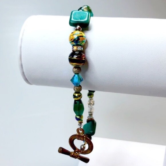 Beaded Toggle Bracelet Handmade Gold & Teal - Picture 2 of 8